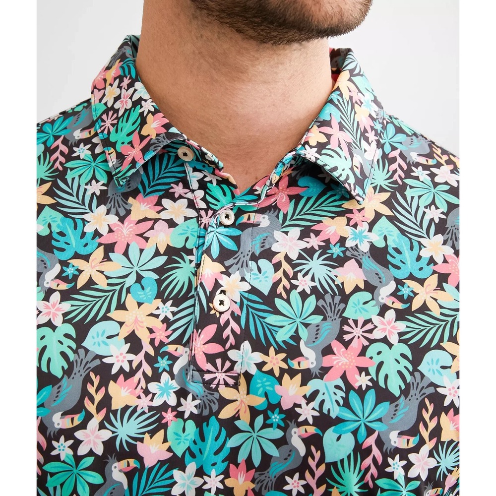 Chubbies Polo Shirt Men L Bloomerang Floral Toucan All Over Print Performance